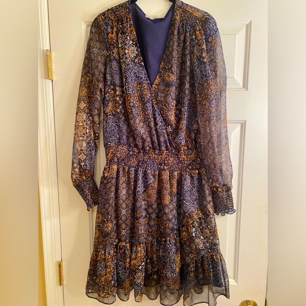 Michael by Michael Kors Ruffled shimmery blue and gold v-neck dress Large